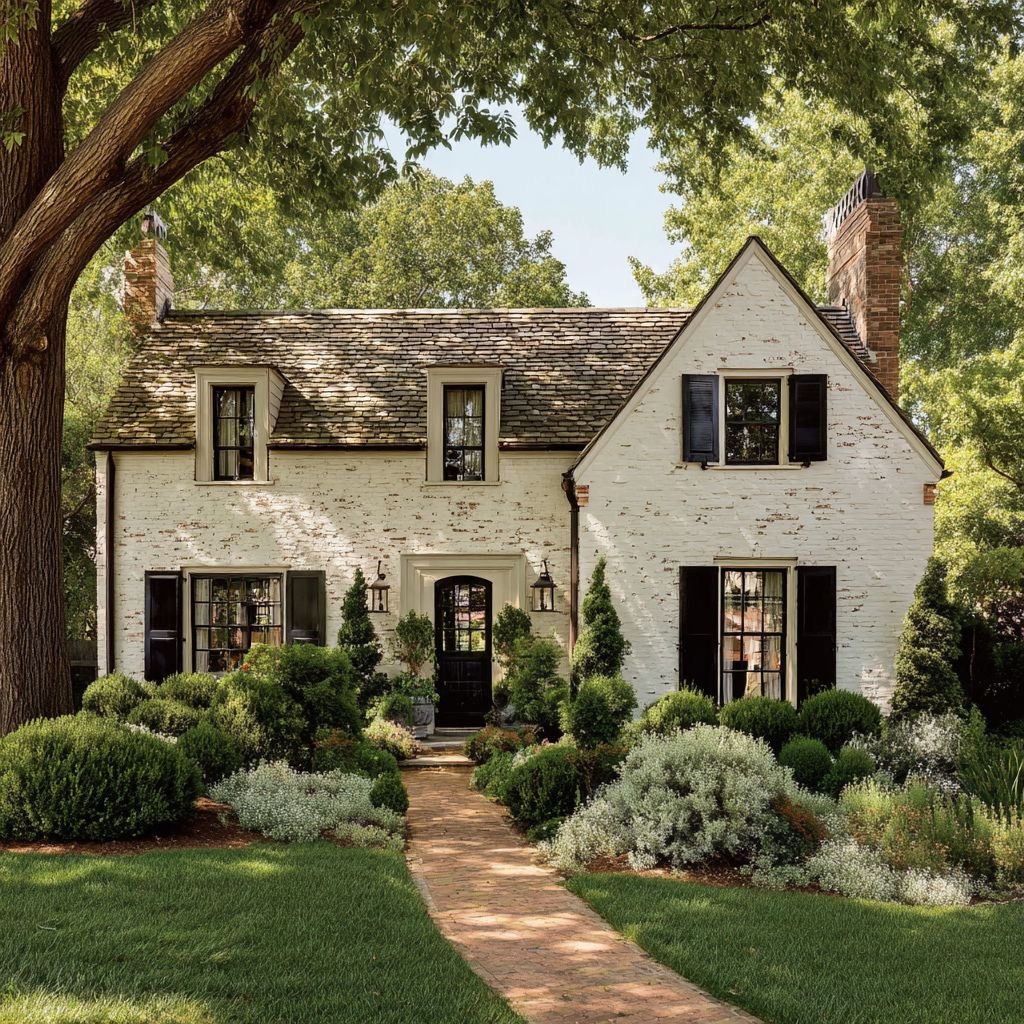 White storybook cottage with garden